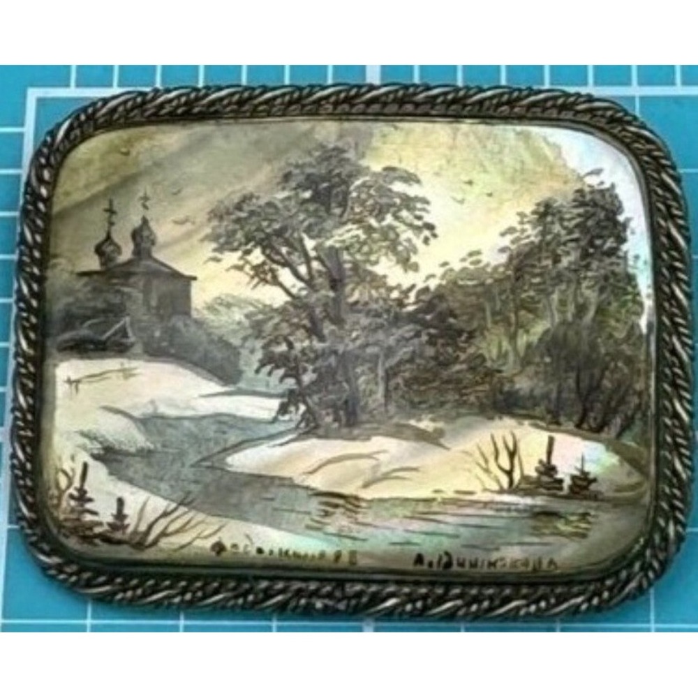 Vintage Brooch Abalone Hand Painted Winter Scene Trees Temple C Clasp Signd